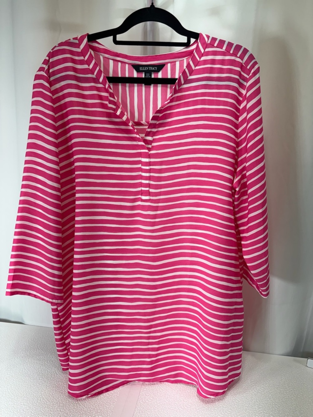 Ellen Tracy Pink and White Striped V-Neck Tunic Top 2839